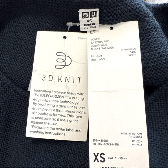 Uniqlo U | 3D Extra Fine Merino Wide Sleeve Sweater Blue XS - Picture 9 of 9
